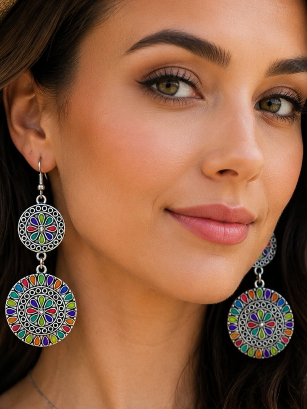 Double Mandala Rainbow Enamel Earrings Silver Boho Festival Dangle Statement